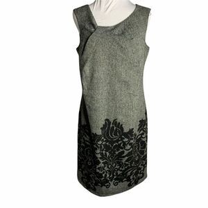 Vintage Wool Blend Sheath Dress 12 Black Floral Sleeveless Knee Length